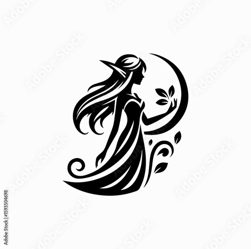 Vector Silhouette Logo of Elf Character – Elegant Fantasy Myth Creature