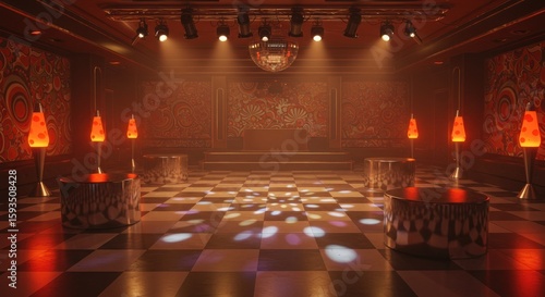 Retro-Themed Dance Floor with Checkerboard Tiles and Vintage Decor in Warm Orange Lighting