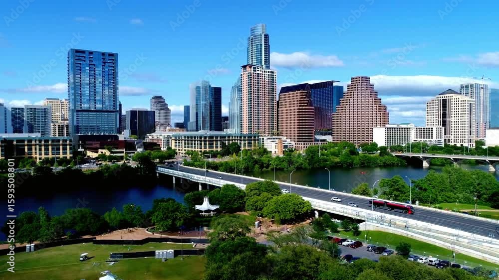 The austin, texas skyline is seen from an aerial perspective The austin, texas skyline is seen from an aerial perspective