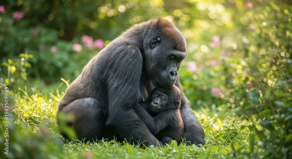 A tender moment captured: A gorilla mother lovingly embraces her baby gorilla surrounded by lush A tender moment captured: A gorilla mother lovingly embraces her baby gorilla surrounded by lush