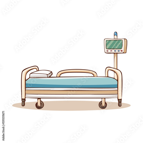 Hospital bed with a monitor for medical or healthcare concepts. Monitor displays vital signs and patient information in hospital setting.