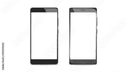 Two smartphones with blank white screens standing side by side on a white background in a studio shot