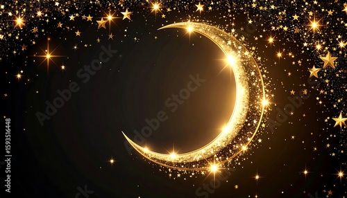 Golden crescent moon framed by stars and glitter