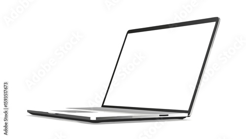 Illustration of a sleek laptop with a blank white screen displayed at a slight angle on a white background