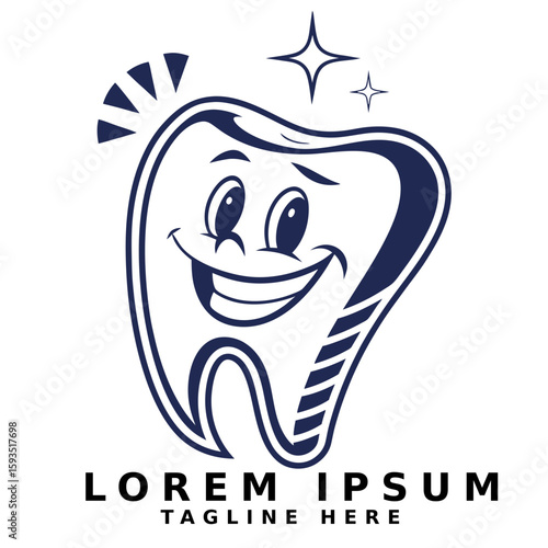 Happy Smiling Cartoon Tooth with Sparkles Dental Care Vector Illustration