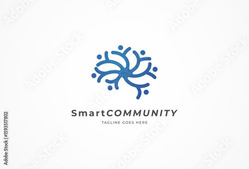 Brain Logo, brain and human group symbol of smart community combination, flat design logo template, vector illustration