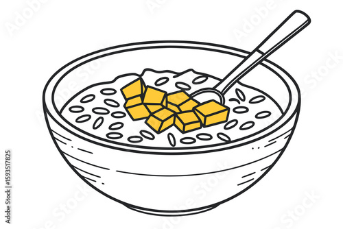 Line drawing of chia seed pudding with mango chunks and spoon