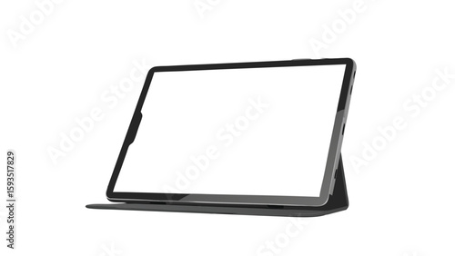 Isolated tablet device with a white screen and a stylus on a gray surface in a studio setting