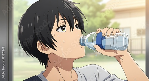 Anime Character Thirsty Drinking Water Outdoors.