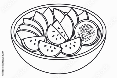Minimalist line art tropical fruit bowl outline black and white