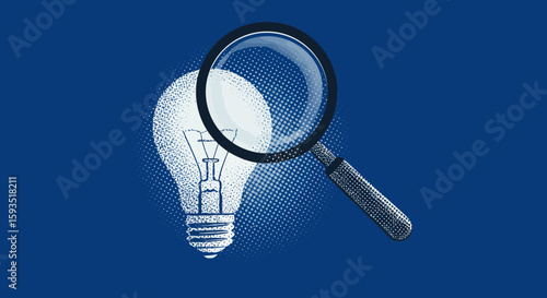 Magnifying glass over light bulb on a blue background, illustration of ideas
