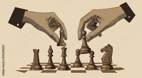 Strategic Chess Game: A Vintage-Styled Illustration of Tactics and Planning