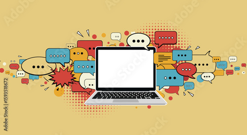 Communication and technology concept with laptop and speech bubbles around it