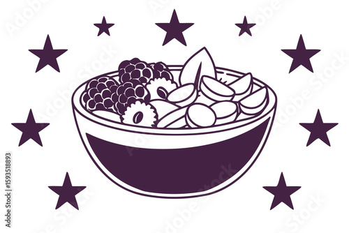 Purple illustration of acai bowl with berries and fruit slices surrounded by stars