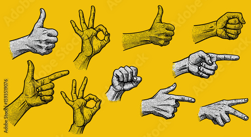Vintage hands gestures collection displaying positive approval and pointing directions
