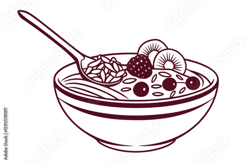 Spoon scooping oatmeal with berries and kiwi bowl breakfast