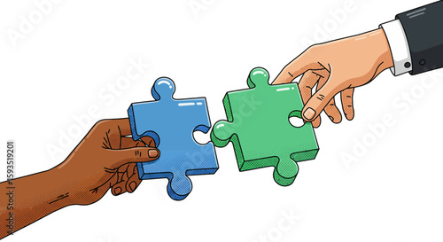 Diverse hands connecting puzzle pieces, symbolizing teamwork and collaboration in business