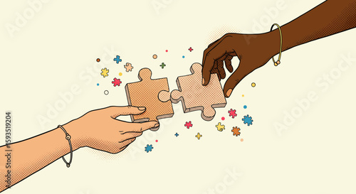 Diverse hands connecting puzzle pieces, symbolizing unity and teamwork illustration