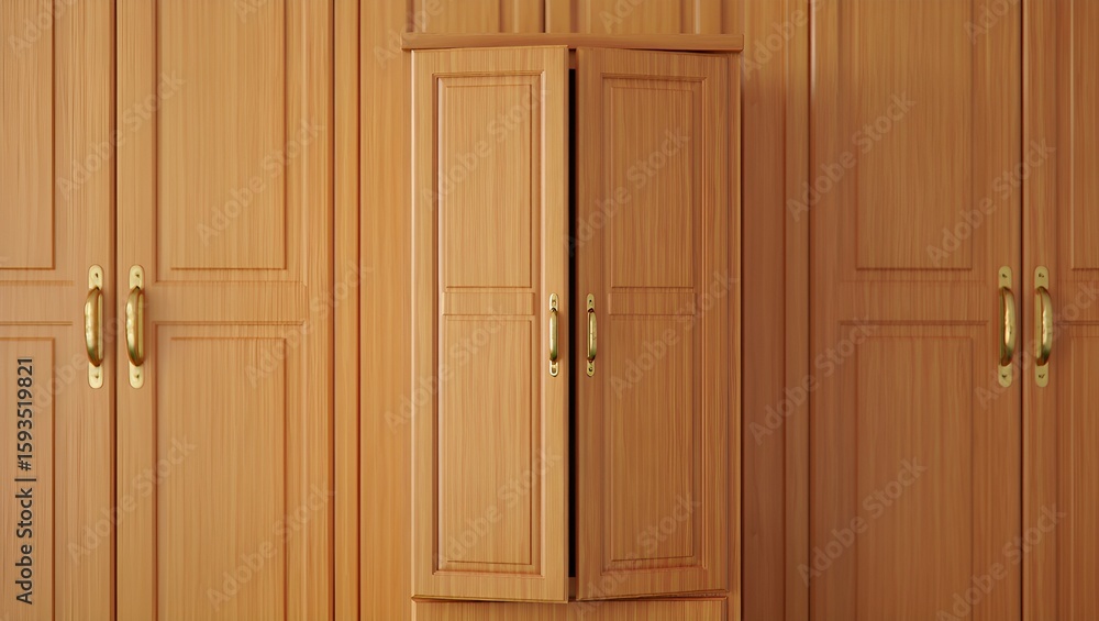 Fototapeta premium Warm light highlights the natural wood grain of a built-in wardrobe with doors slightly open.