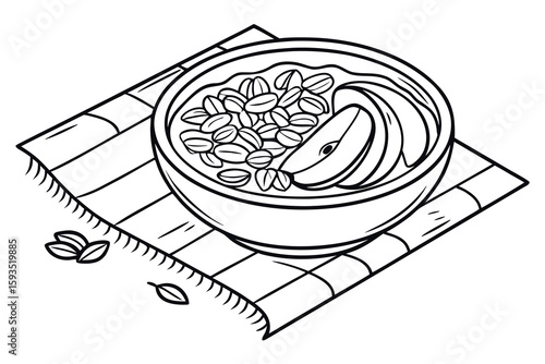 Black and white illustration of a breakfast bowl with fruit and grains