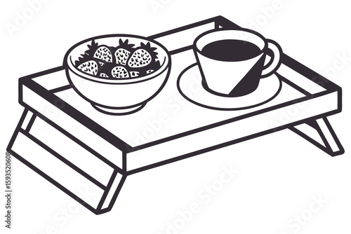 Breakfast tray with strawberries and coffee vector