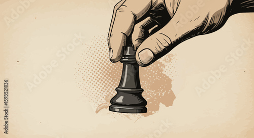 Vintage style illustration depicting a strategic chess move by a determined player