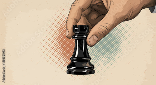 Strategic move: Hand holding a rook chess piece in a pop art style illustration