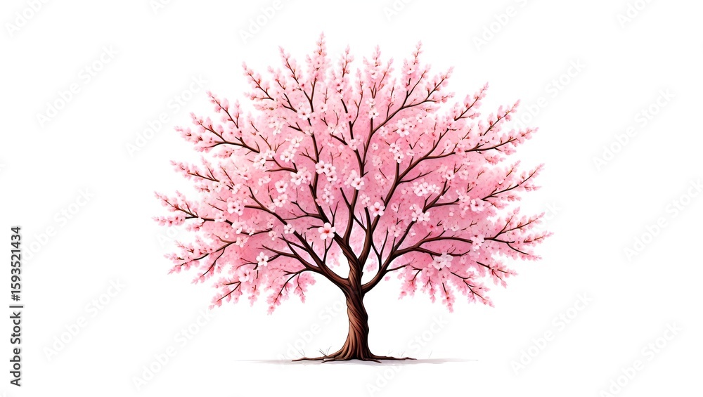 Obraz premium A delicate cherry blossom tree, adorned with pink flowers, stands against a plain backdrop.