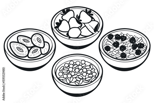 Four bowls of breakfast food with fruit and cereal
