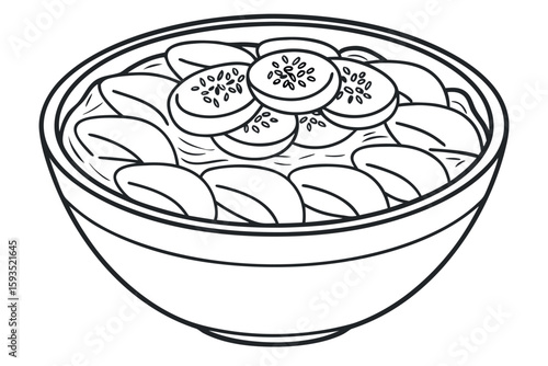 Line art bowl of oatmeal with banana and kiwi slices