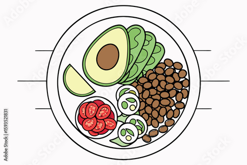 Line art illustration of healthy plant based meal healthy food