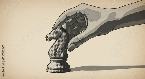 Strategic Move: Hand Positioning a Knight Chess Piece with Tactical Precision