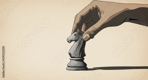 Strategic move: hand placing a knight chess piece in a game illustration