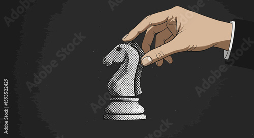 Strategic Move: Hand Placing a Chess Knight Piece on a Dark Textured Board