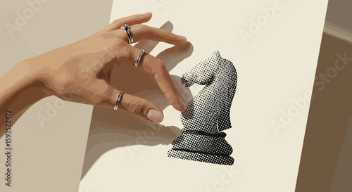 Conceptual artwork featuring a hand with rings interacting with a chess knight illustration