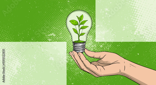 Sustainable energy concept featuring hand holding light bulb with growing plant inside