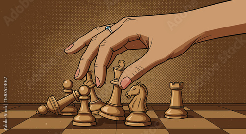 Strategic game with female touch: Chess pieces on board with feminine hand