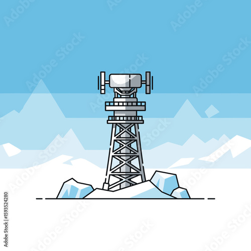 Communication tower stands on snowy ground against a blue sky with mountain silhouettes.