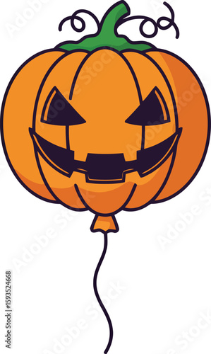 A grinning jack-o'-lantern shaped balloon floats on a string.