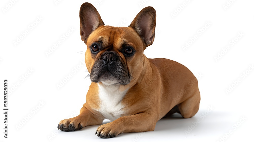 Obraz premium Adorable French Bulldog Lying on White Background Looking Curious
