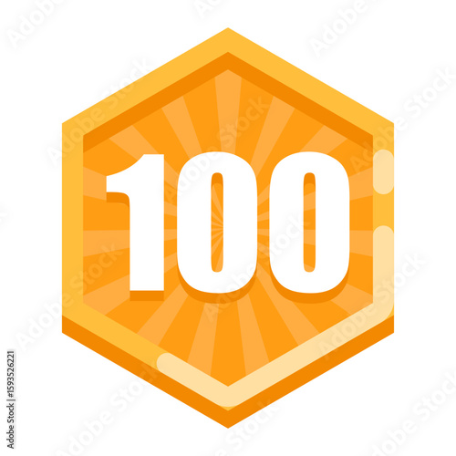 Golden badge with the number 100 inside a hexagon. Symbolizes top-tier achievement, full completion, or max score in a game.