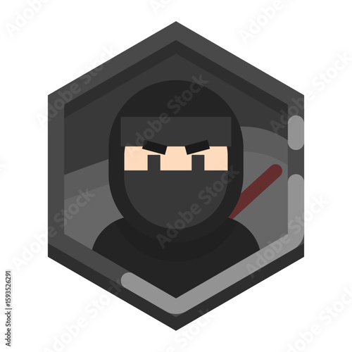 Black hexagonal badge with a ninja character. Perfect for stealth achievements, unlockable characters, or combat skill rewards in games.
