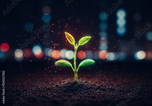 A close-up of a young plant sprouting in soil, with soft, colorful bokeh lights shimmering in the background
