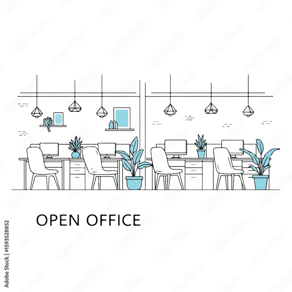 Obraz premium Open office layout with desks, plants, and modern decor