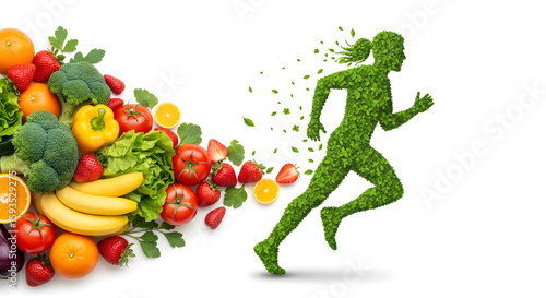 Healthy Lifestyle Concept with Running Woman Silhouette Made of Leaves and Fresh Fruits and Vegetables