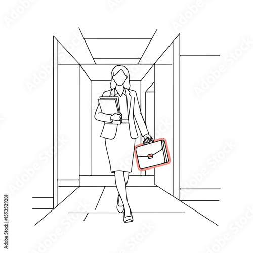 Businesswoman walking confidently in a corridor with briefcase and documents  