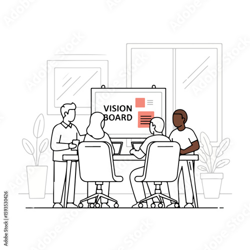 Group of diverse people brainstorming around a vision board in office  