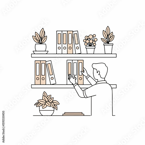 Man organizing folders on shelf with plants in modern office  