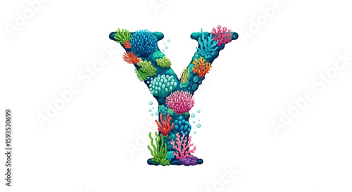 Vector letter y coral reef alphabet underwater ocean sea life marine biology education illustration design concept