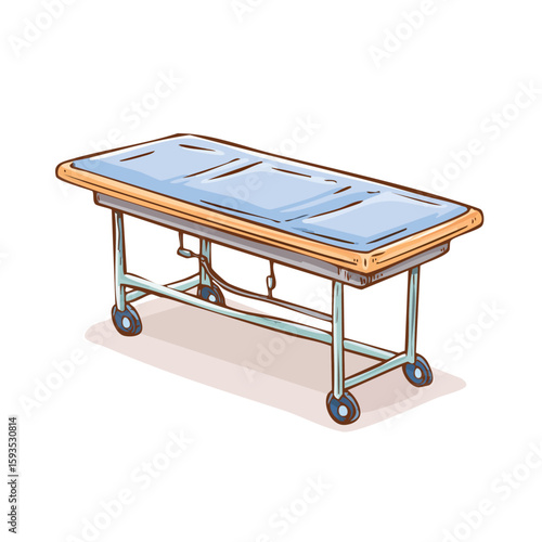 Wheeled hospital gurney with a blue pad suitable for medical services, emergency room scenes, healthcare concepts, and hospital imagery.